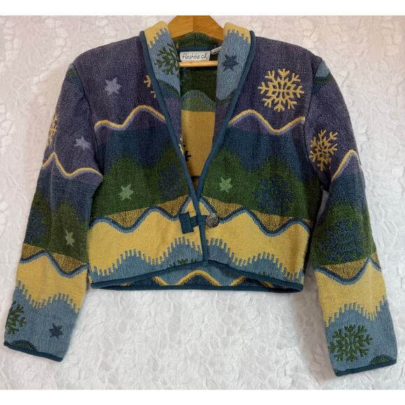 VTG Flashback Art to Wear Tapestry Jacket Purple Blue Snowflake Winter Stars Med - Picture 1 of 13